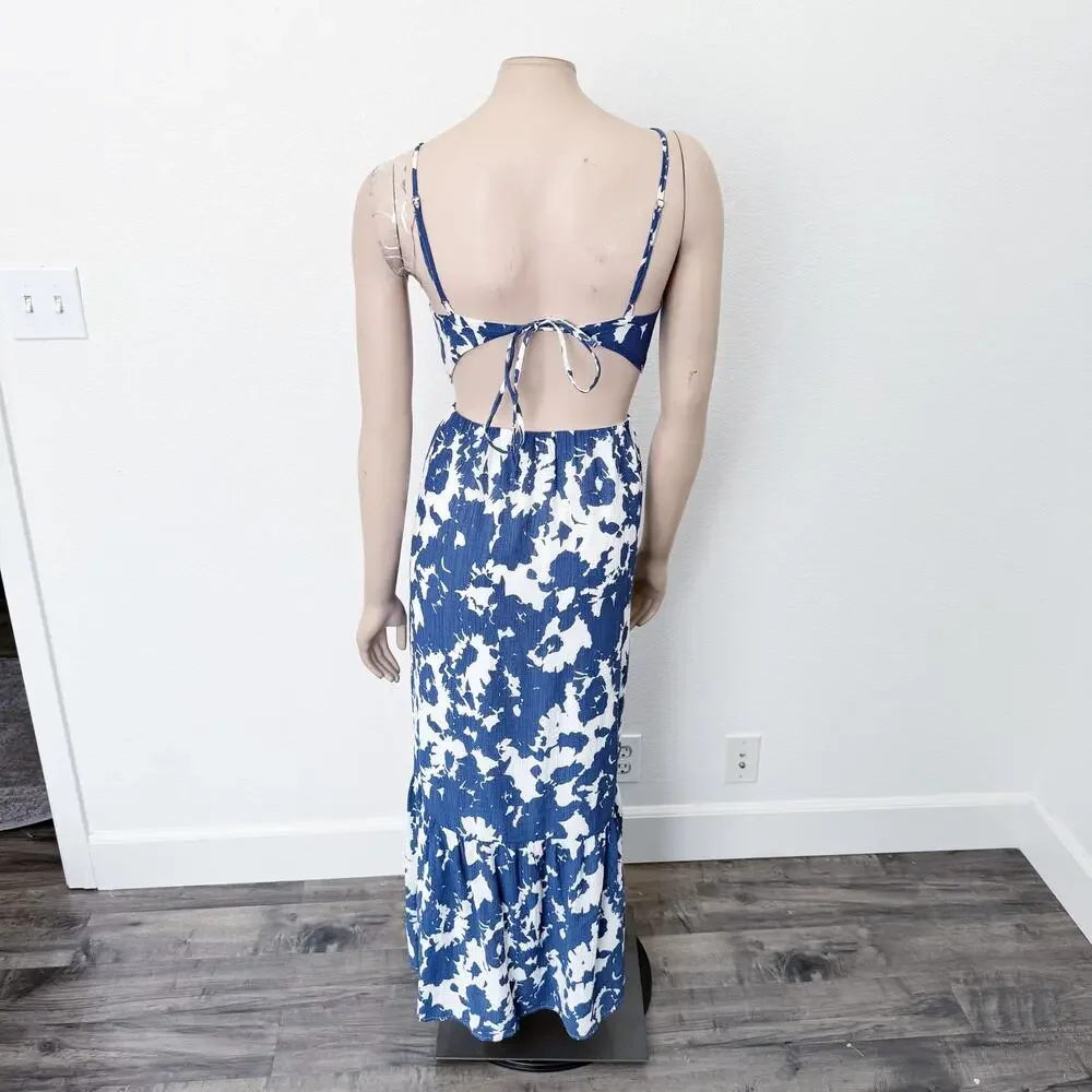 [Abercrombie & Fitch] Blue Crinkle Cutout High Neck Maxi Dress Pockets Size XLP